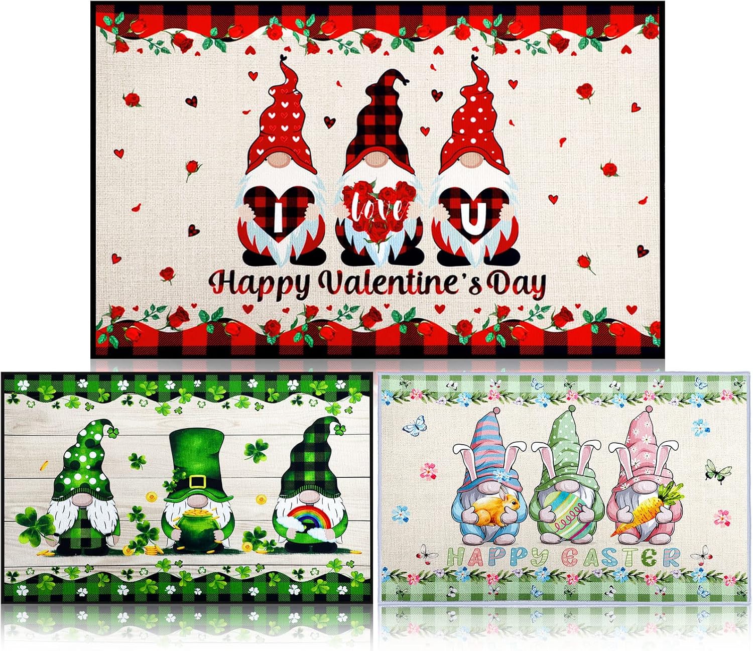 Hoolerry 3 tapetes de gnomo de San Patricio, Pascua, bienvenida, tapete decorativo de gnomo para entrada, antideslizante, lavable, para interiores y