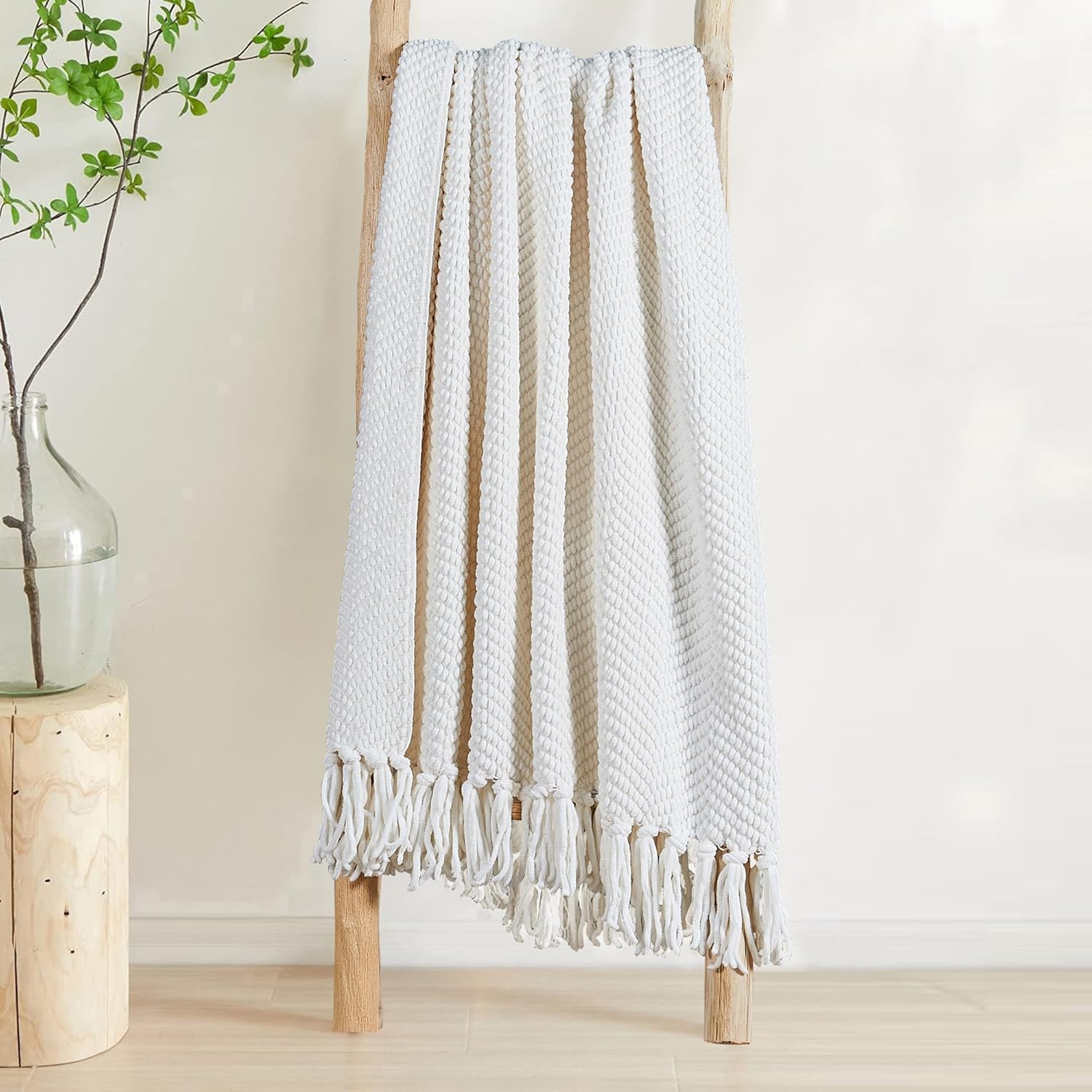 Manta de punto suave con textura para sofá, manta de tweed crema con borlas de flecos para decoración del hogar, cama, sofá, silla, 50 x 60