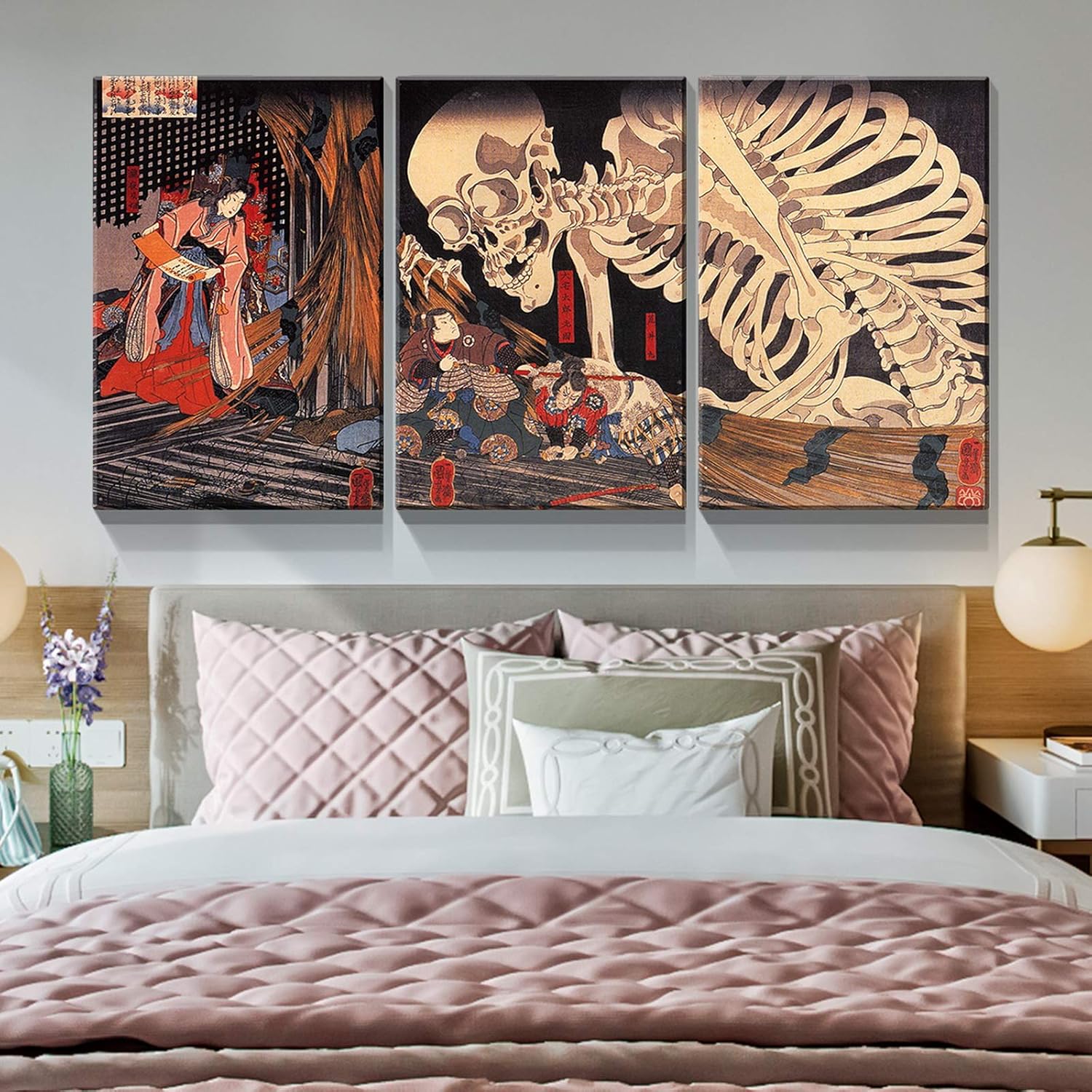 Denozer – Lienzo decorativo para pared de 3 piezas – Utagawa Kuniyoshi – Takiyasha La bruja y el espectro del esqueleto – Ukiyo-E – Decoración