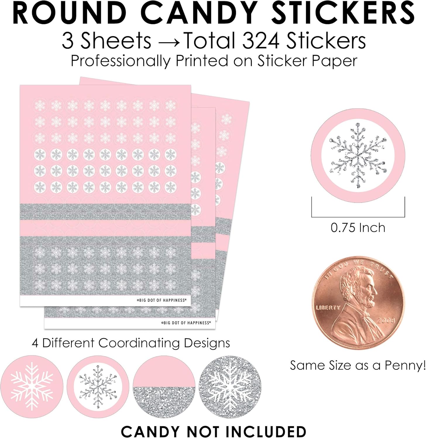 Big Dot of Happiness Pink Winter Wonderland – Calcomanías redondas pequeñas de caramelo para fiesta de cumpleaños y baby shower, 324 unidades