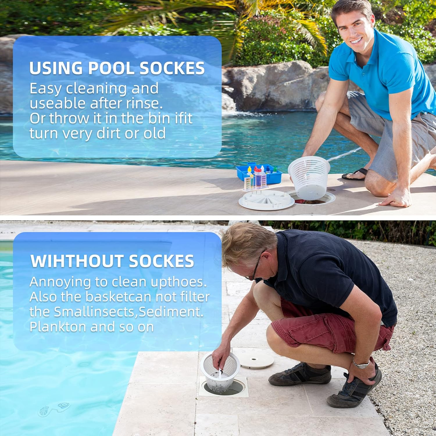 60 calcetines de filtro para piscina sobre el suelo y en el suelo, redes de piscina para limpieza, calcetines de malla ultra fina para cesta de