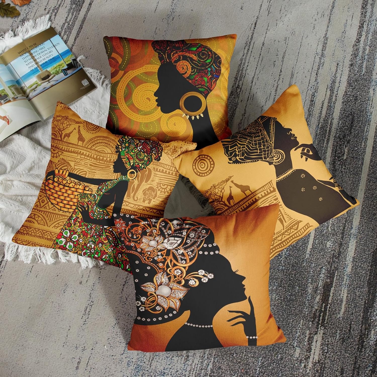 Juego de 4 fundas de almohada decorativas para decoración del hogar, diseño de animales tribales afroamericanos, 18 x 18 pulgadas, fundas de