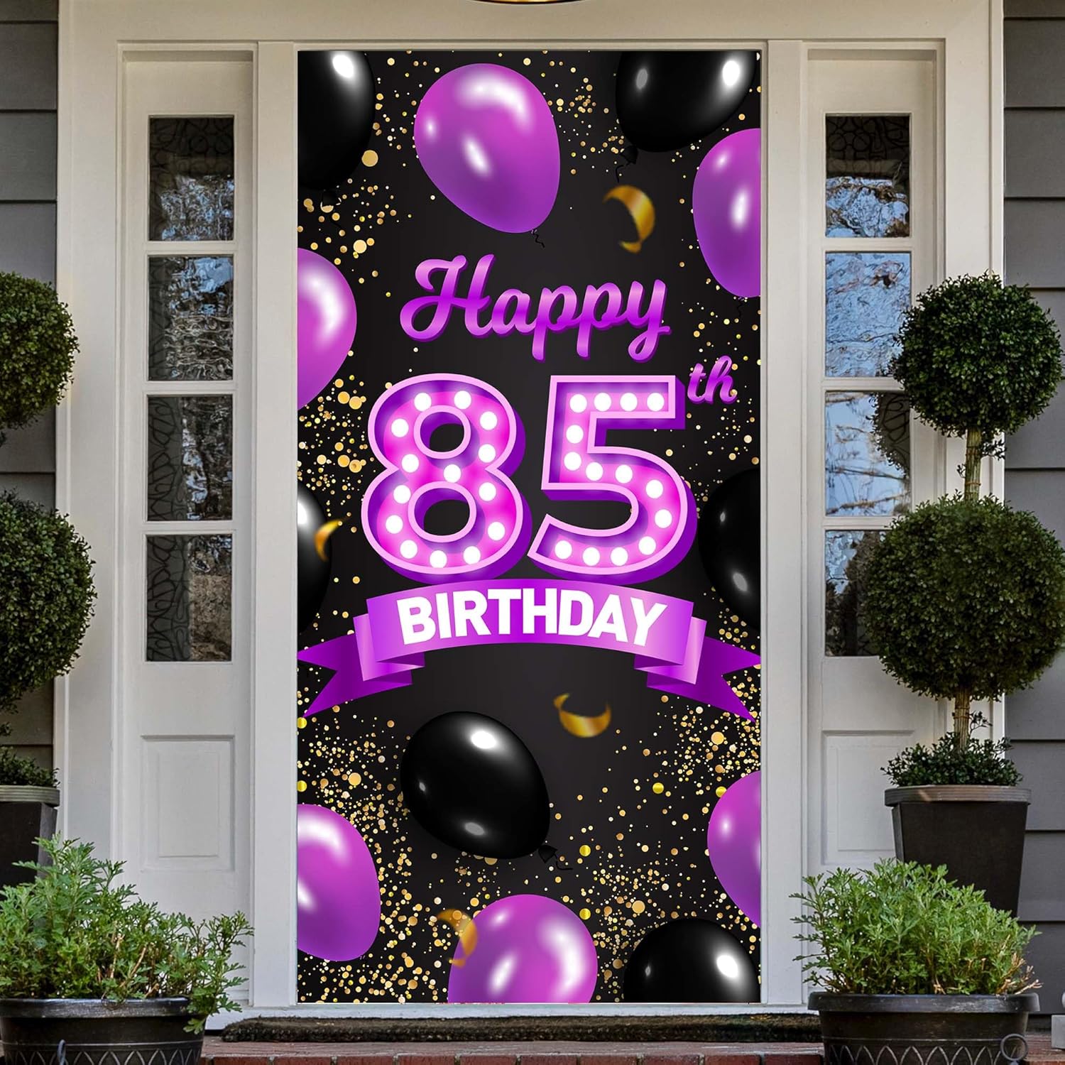Cartel de feliz cumpleaños 85 morado y negro, decoración temática de globos de confeti de 85 años para mujeres, decoraciones de fiesta de cumpleaños