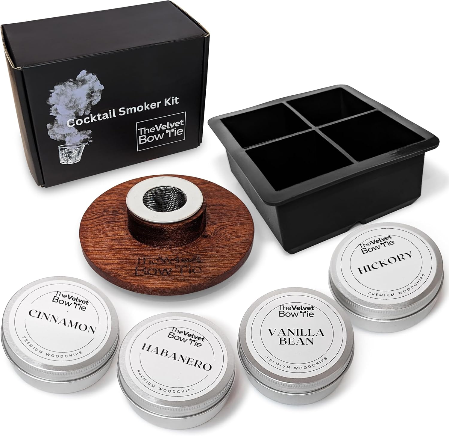 El kit de ahumador de cóctel incluye 4 chips de madera únicos para ahumador (habanero, canela, vainilla y nogal) y bandeja de cubitos de hielo de