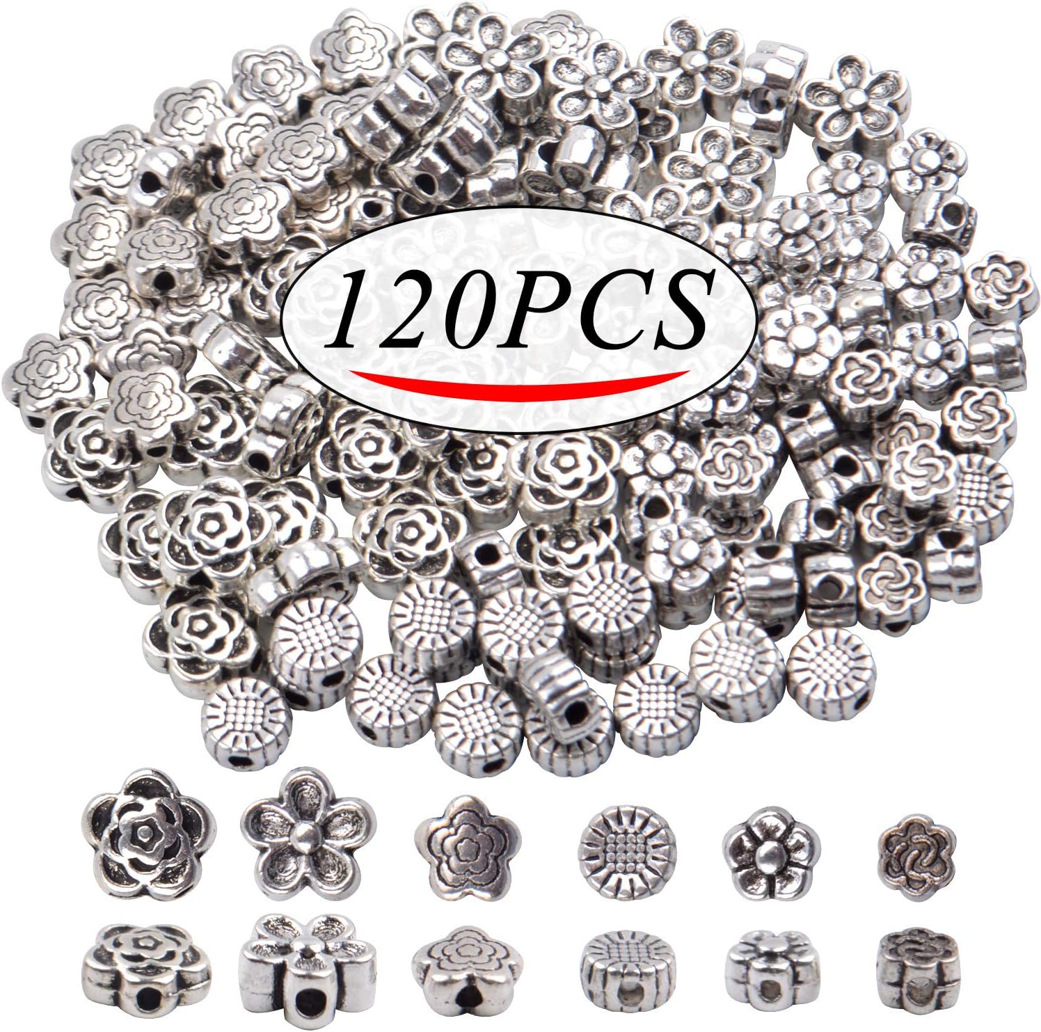 Cuentas espaciadoras de aleación, 120 cuentas espaciadoras de plata antigua, cuentas de plata tibetana para hacer joyas, pulseras y collares, 6