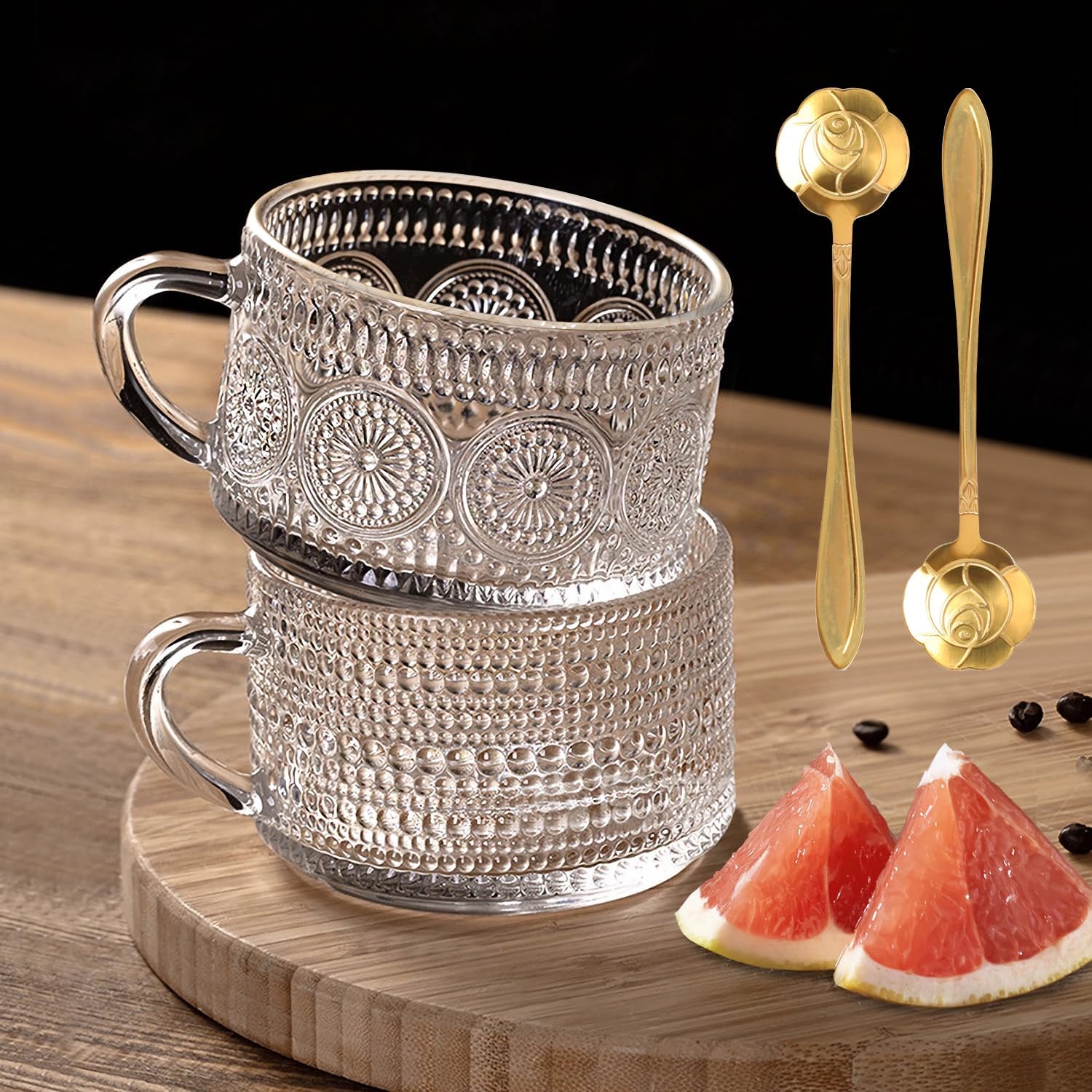 MCleanPin Juego de tazas de café de vidrio vintage, tazas de té transparentes en relieve de 14 onzas, tazas de café con leche, tazas de café para