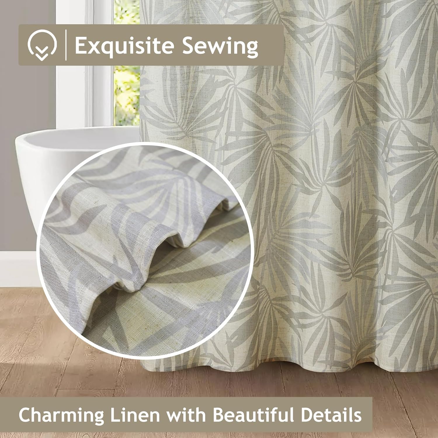 Cortina de ducha para baño, color gris y beige, mezcla de lino, hojas y plantas, juego de cortinas de ducha para baño, resistente, 12 ganchos