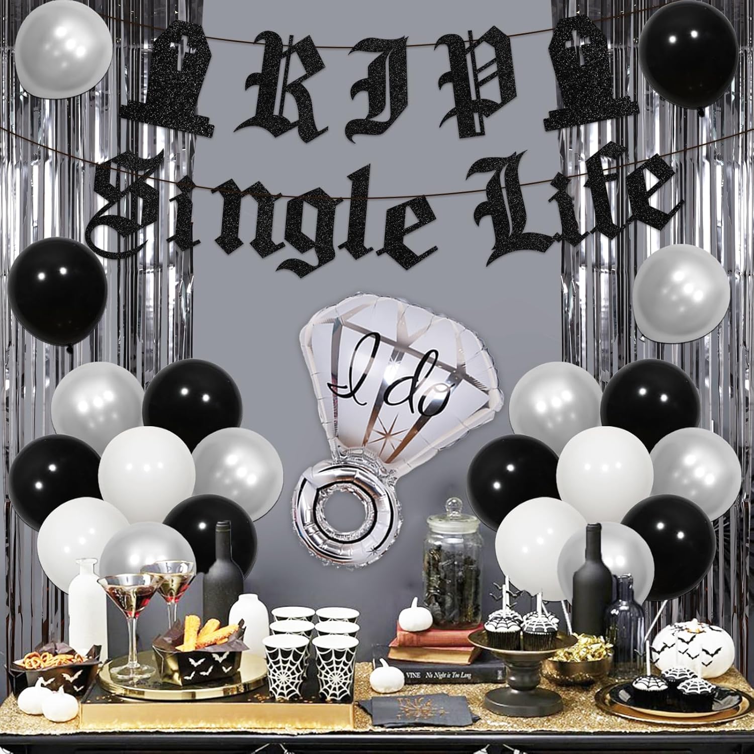 Rip Single Life – Decoración de despedida de soltera, decoración gótica de despedida de soltera, pancarta de globo blanco y negro con flecos,