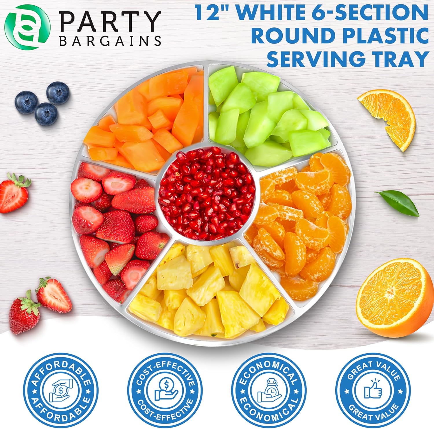 PARTY BARGAINS Bandeja redonda de plástico de 6 secciones, 12 pulgadas, color blanco con borde plateado, paquete de 1, platos reutilizables para