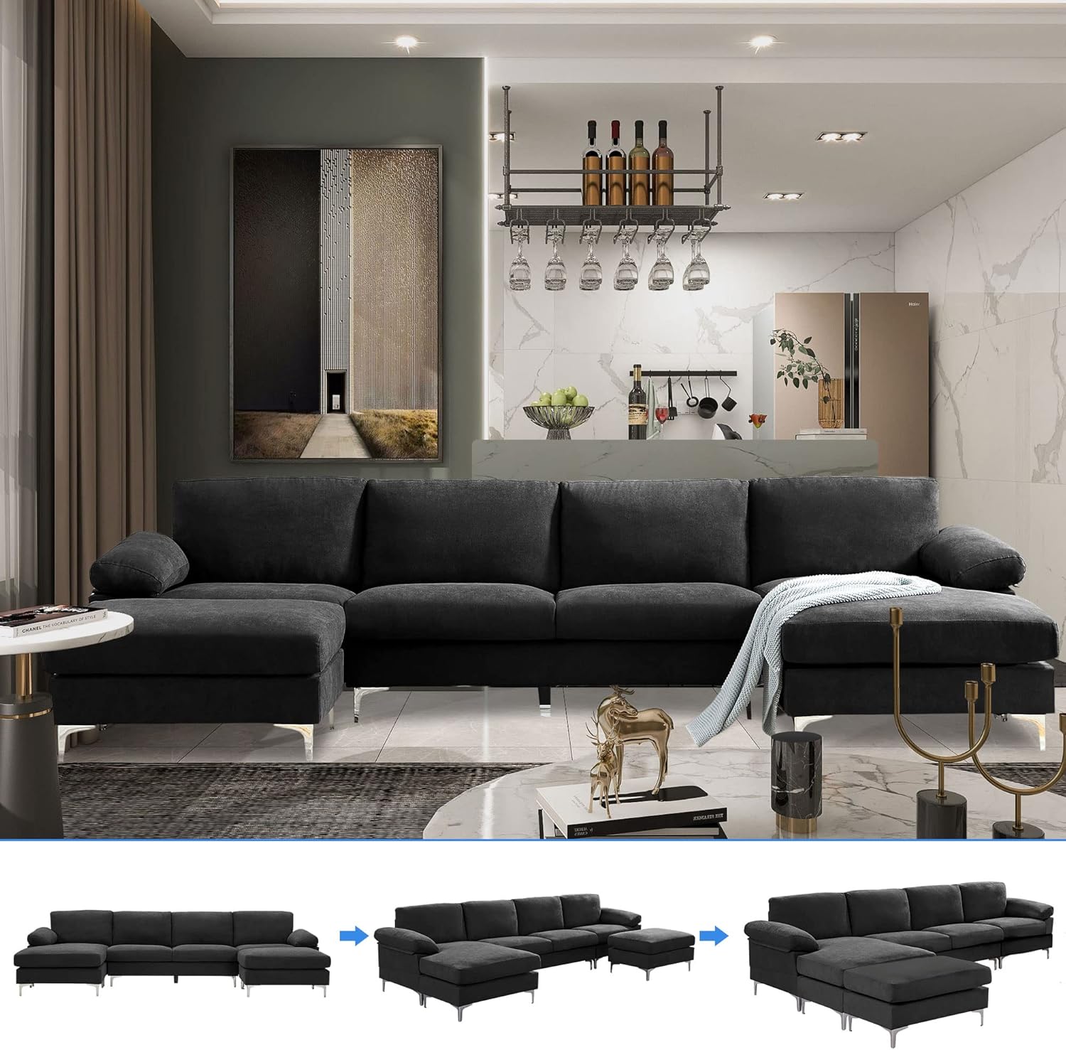 SUMKEA – Sofá modular en forma de U con diván, juego de sofá modular más grande para sala de estar, moderno sofá esquinero de terciopelo de 128