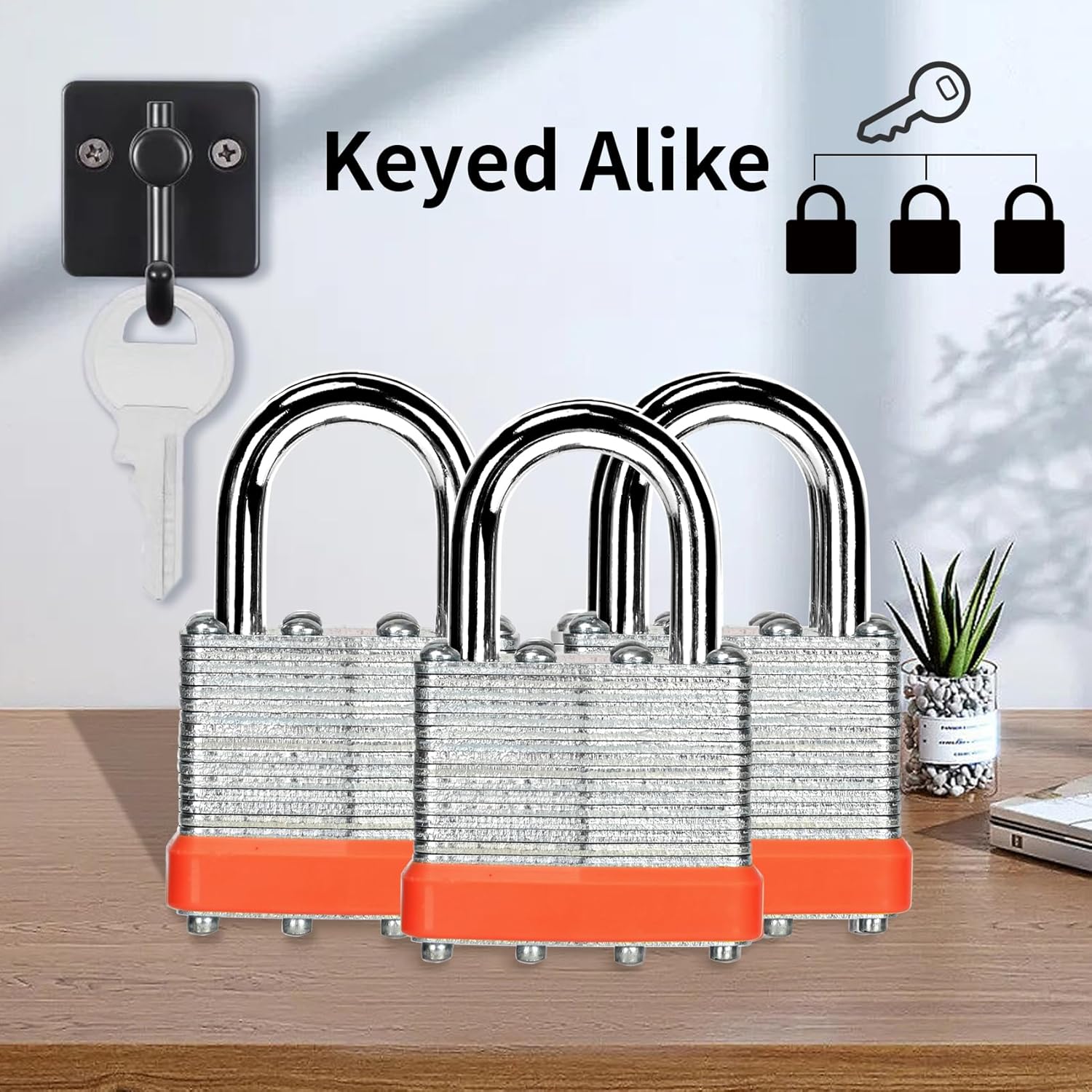 Candado laminado con llave (1-916 pulgadas, 1.575 in), cerraduras iguales con llave, aro naranja, grillete normal, paquete de 12, cerradura para