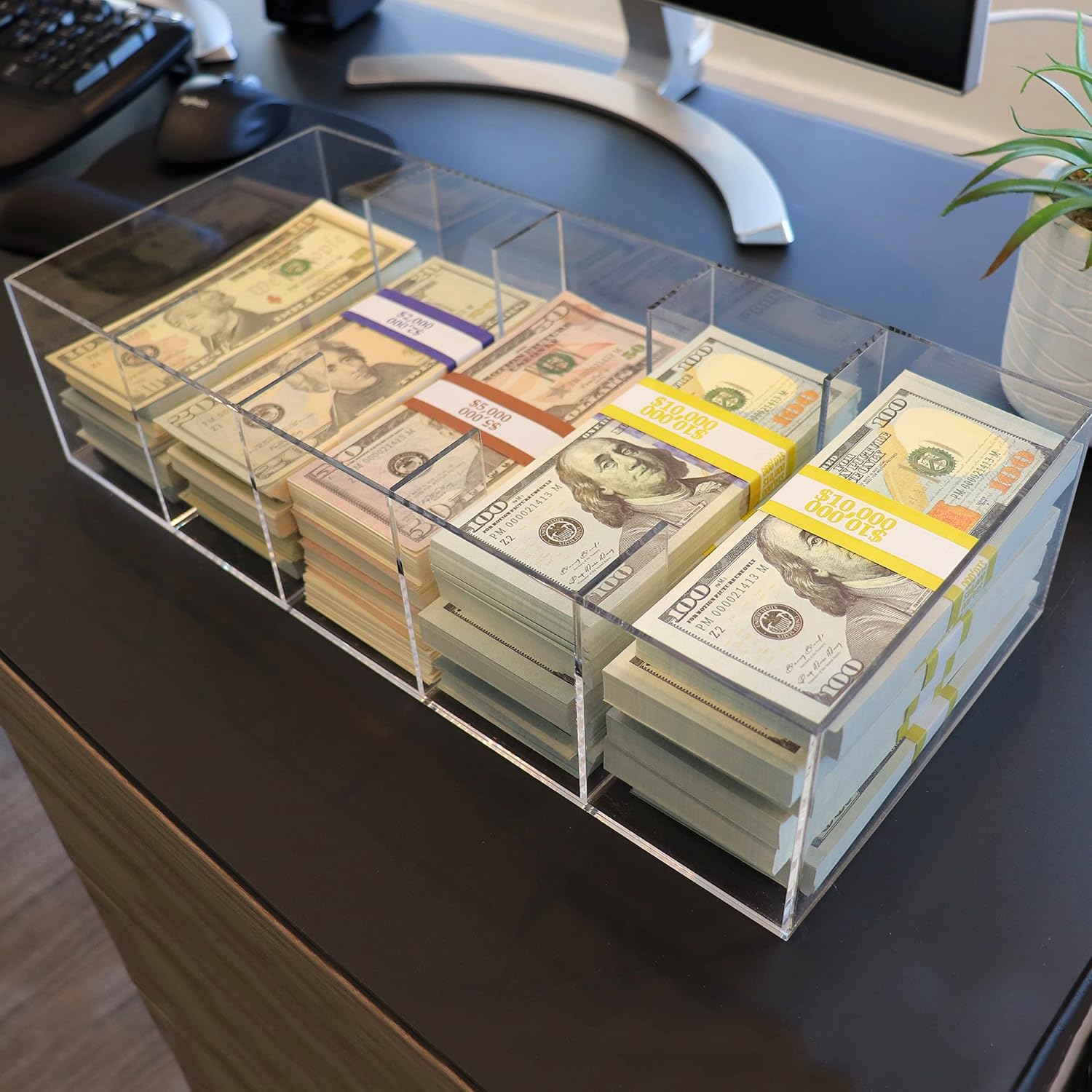Bandeja transparente para monedas, organizador de efectivo de 5 compartimentos, caja de almacenamiento de dinero, 300 envoltorios de monedas