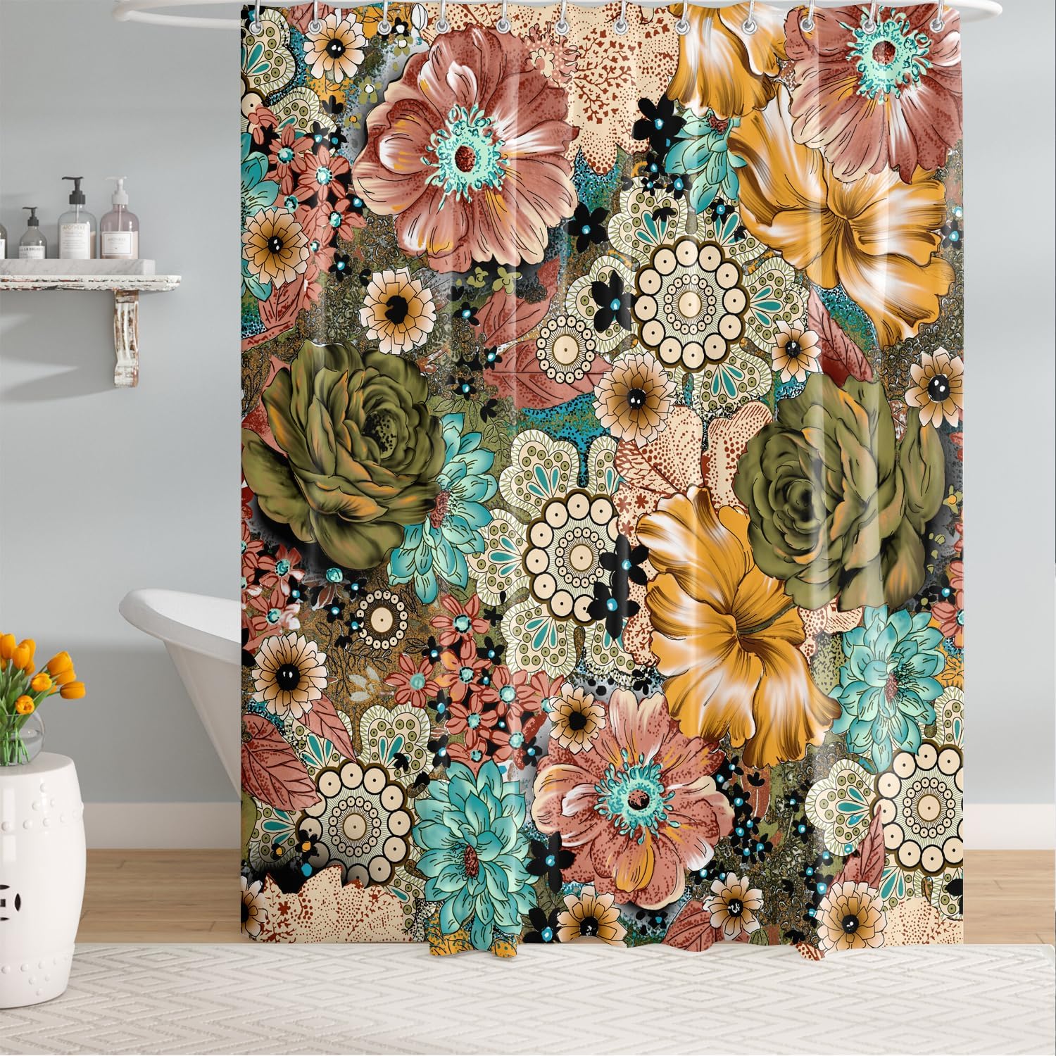 Cortina de ducha con diseño floral bohemio, elegante y bohemio, cortina de ducha de tela impermeable con 12 ganchos, 72 x 72 pulgadas