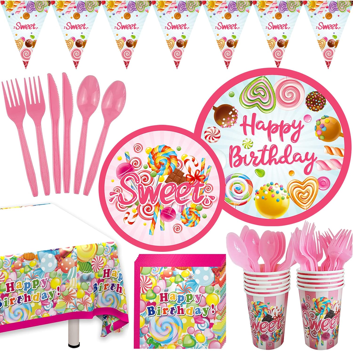 Rainmae Candyland Party Supplies – Juego de vajilla desechables con forma de dona, caramelos, servilletas, vasos, pancarta, para niñas, niños, baby