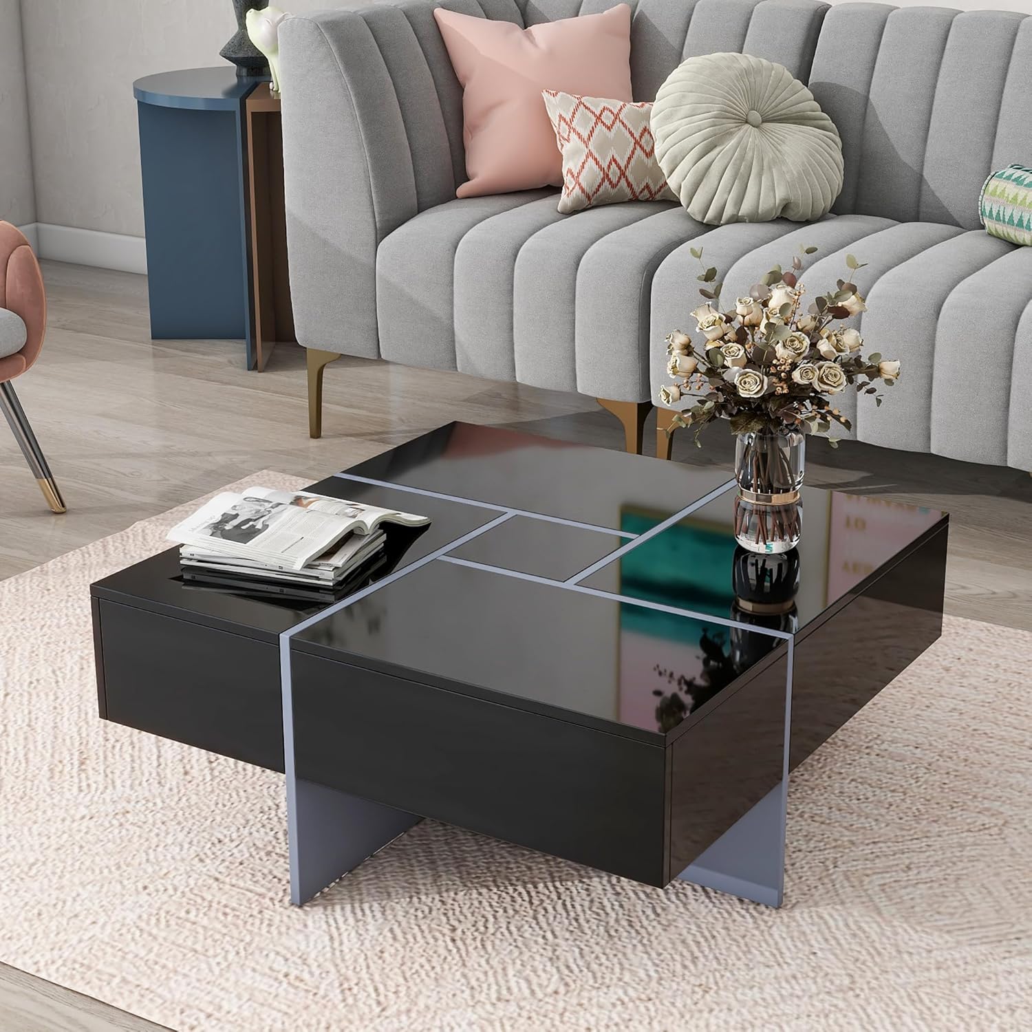 Aperturee Mesa auxiliar con 4 compartimentos de almacenamiento ocultos, mesa de cóctel cuadrada con mesa deslizante extensible, mesa central moderna