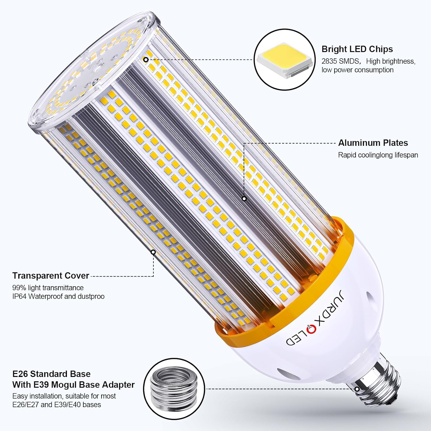 JURDXLED Focos de luz, 30-60-80-100-120-150-300-W, bombilla LED de maíz, base E26 con adaptador E39, bombilla LED de 10400LM para garaje, almacén,