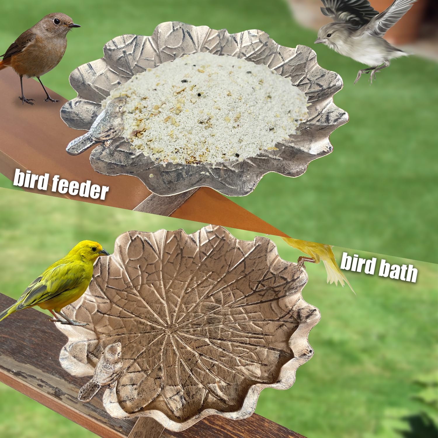 changqing Alimentador de baño de metal para pájaros, hoja de loto, montado en la cubierta de doble uso, para decoración de jardín al aire libre,