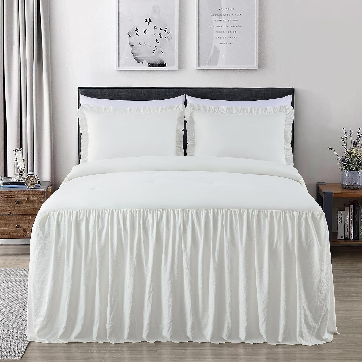 Chezmoi Collection Sinclair – Juego de colcha de 3 piezas con falda con volantes, estilo campestre francés chic, matrimonial, marfil