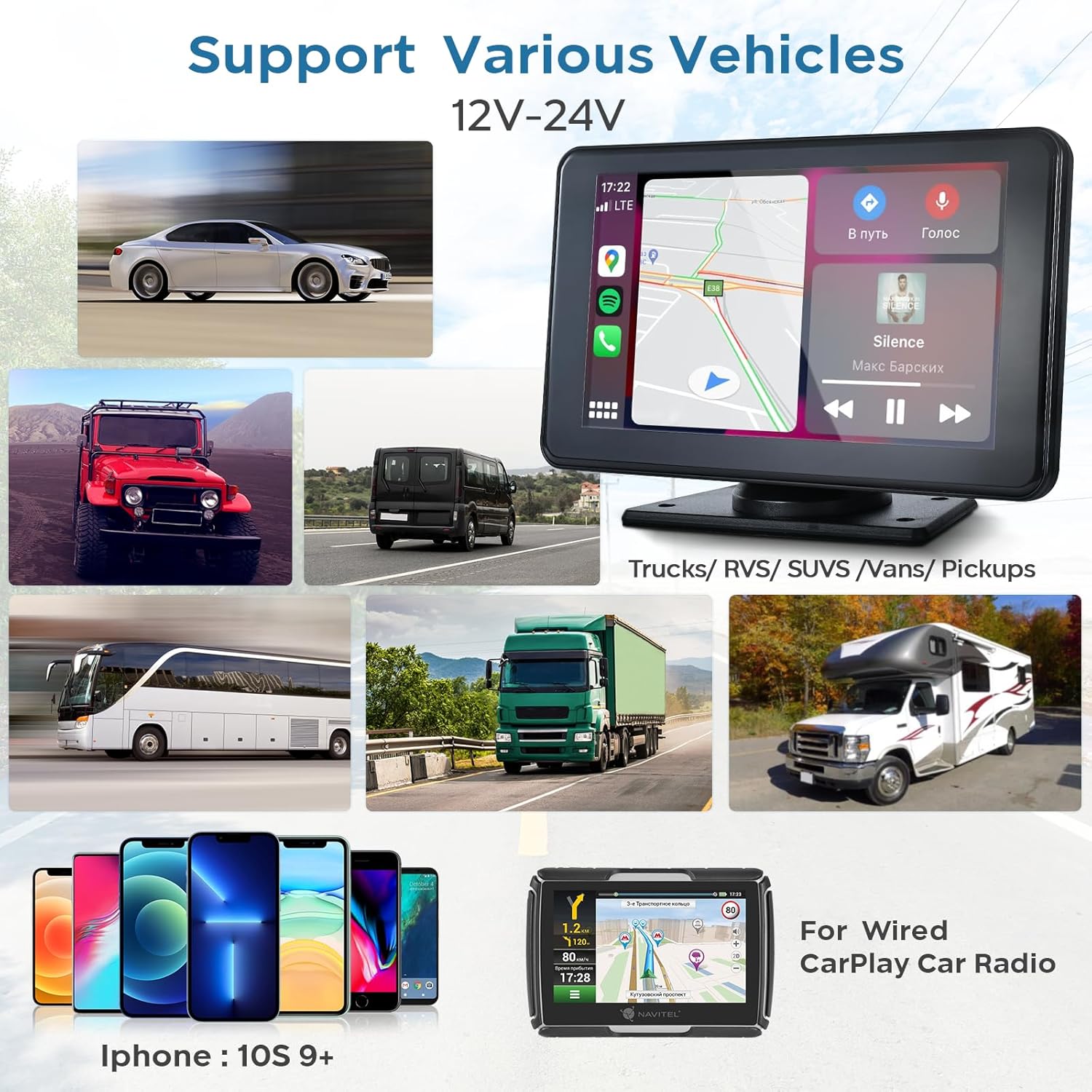 Apple Carplay portátil de 7 pulgadas, pantalla táctil inalámbrica de doble DIN, compatible con Apple Carplay y Android Auto, estéreo para automóvil