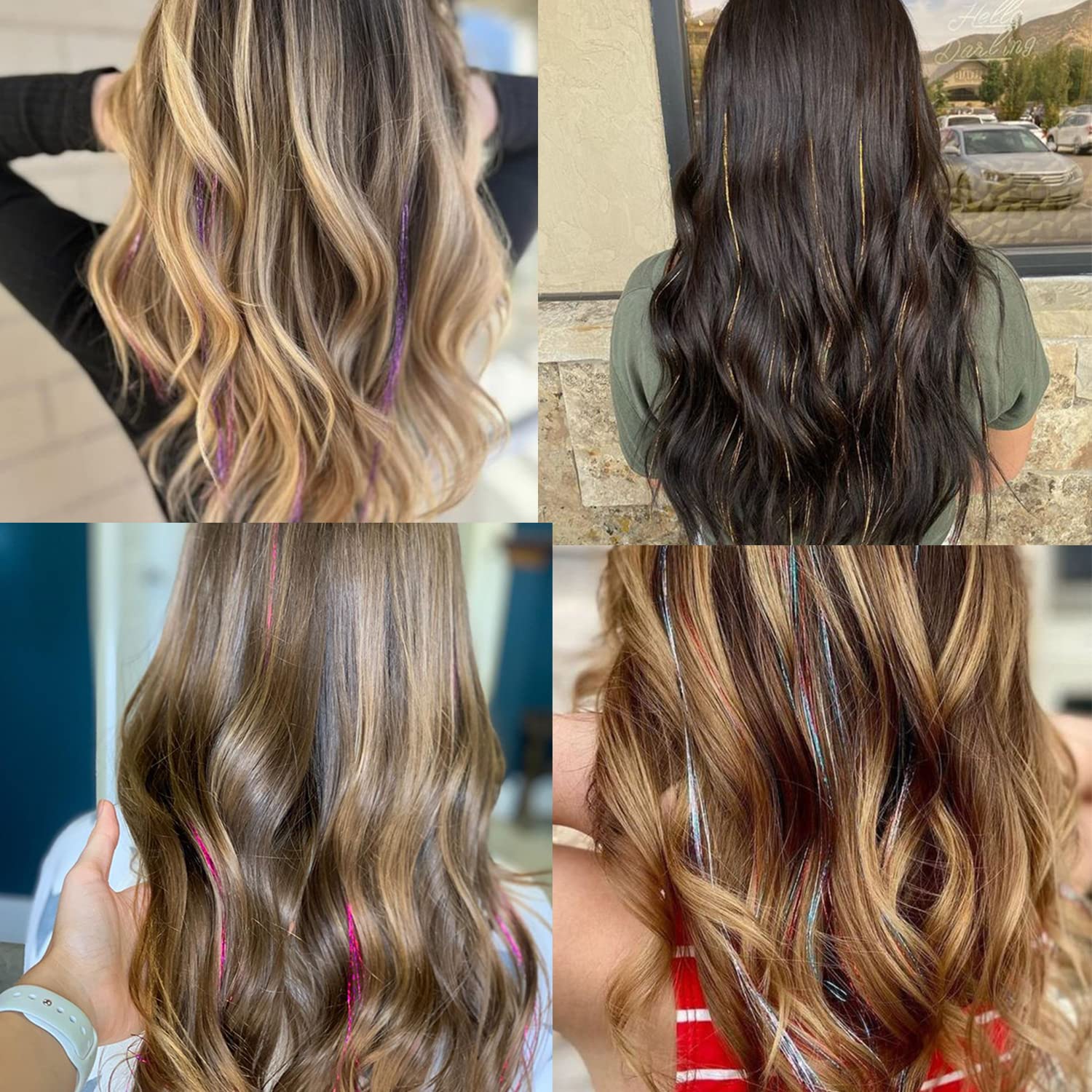 Kit de 6 piezas de oropel para el cabello, extensiones de cabello de oropel con purpurina de 20 pulgadas, resistentes al calor, hebras de cabello de
