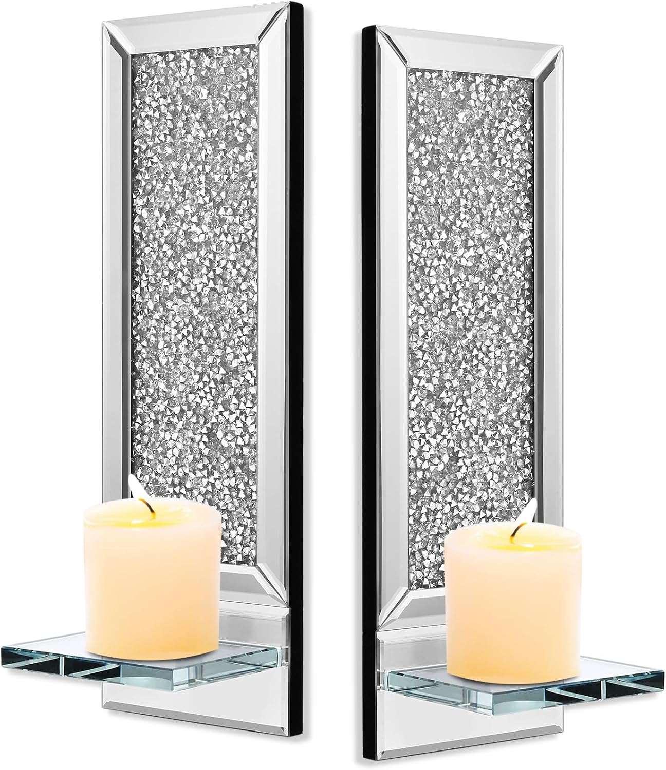 Juego de 2 apliques de decoración de pared, decoración de pared para sala de estar, candelabros de cristal, espejo de diamante aplastante, apliques