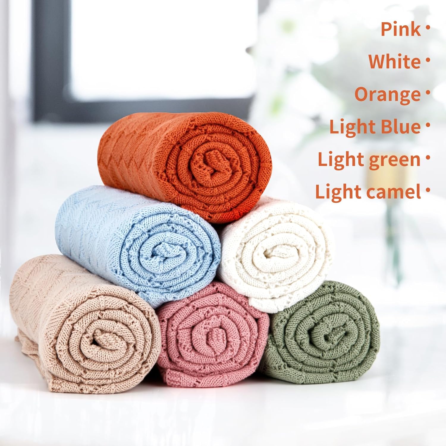 SHOWYVAN Mantas neutras para bebé, 100% algodón, de punto de ganchillo, transpirable, suave, color naranja, manta de punto para bebé, para niños y