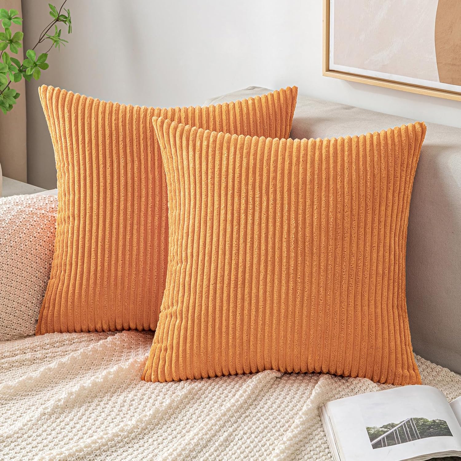EMEMA Juego de 2 fundas de almohada de pana de color naranja quemado otoñal, fundas de cojín cuadradas de rayas suaves para sofá, dormitorio, silla