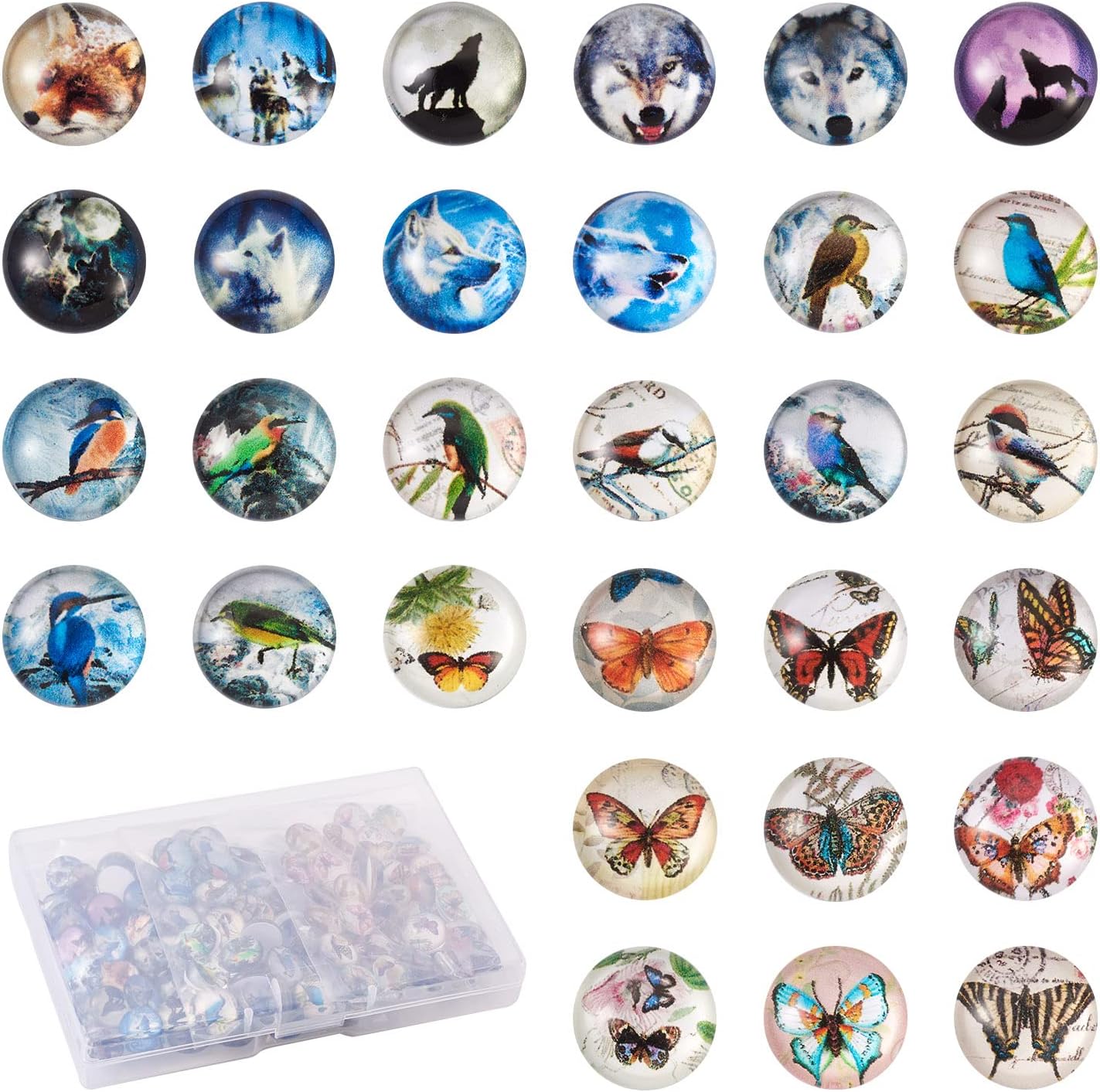 150 cabujones de cristal de animales de 0.47 pulgadas de 0.47 pulgadas, mitad redondos, pájaro, lobo, mariposa, cabujones de cúpula de vidrio,