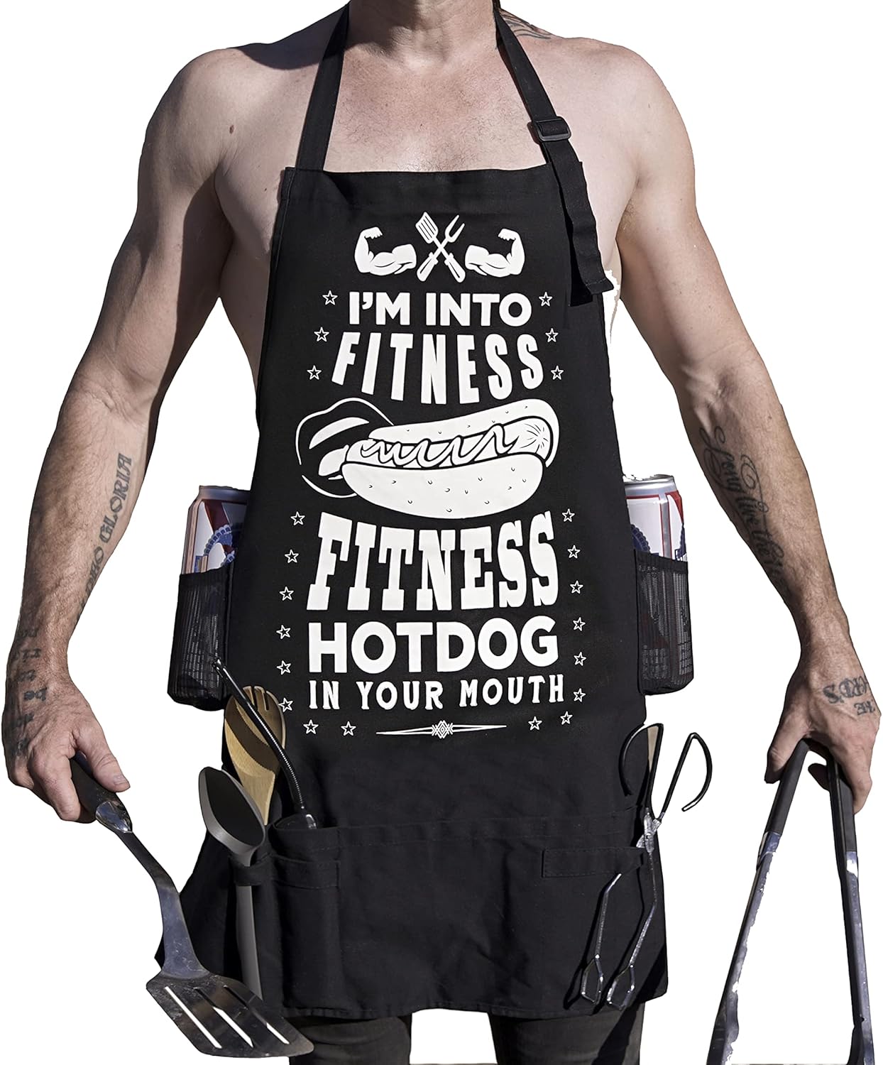 “Fitness Hotdog” – Delantal de barbacoa sucio divertido y sexy desagradable – 100% lona – 5 bolsillos – 4 trabillas para herramientas – 2 soportes