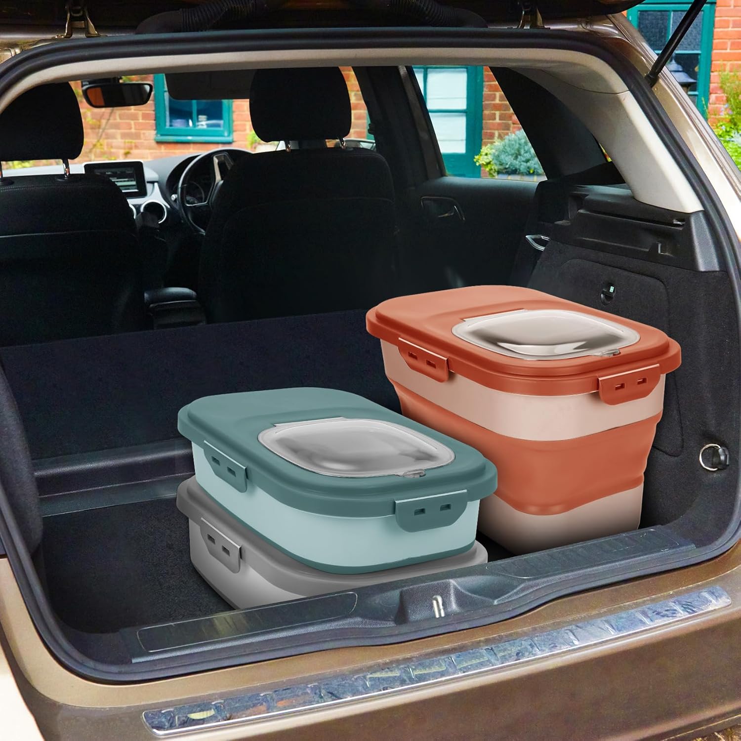 ShineMe Contenedor plegable de comida para perros de 20 libras, caja de almacenamiento de alimentos para mascotas con tapa y ruedas, taza medidora y