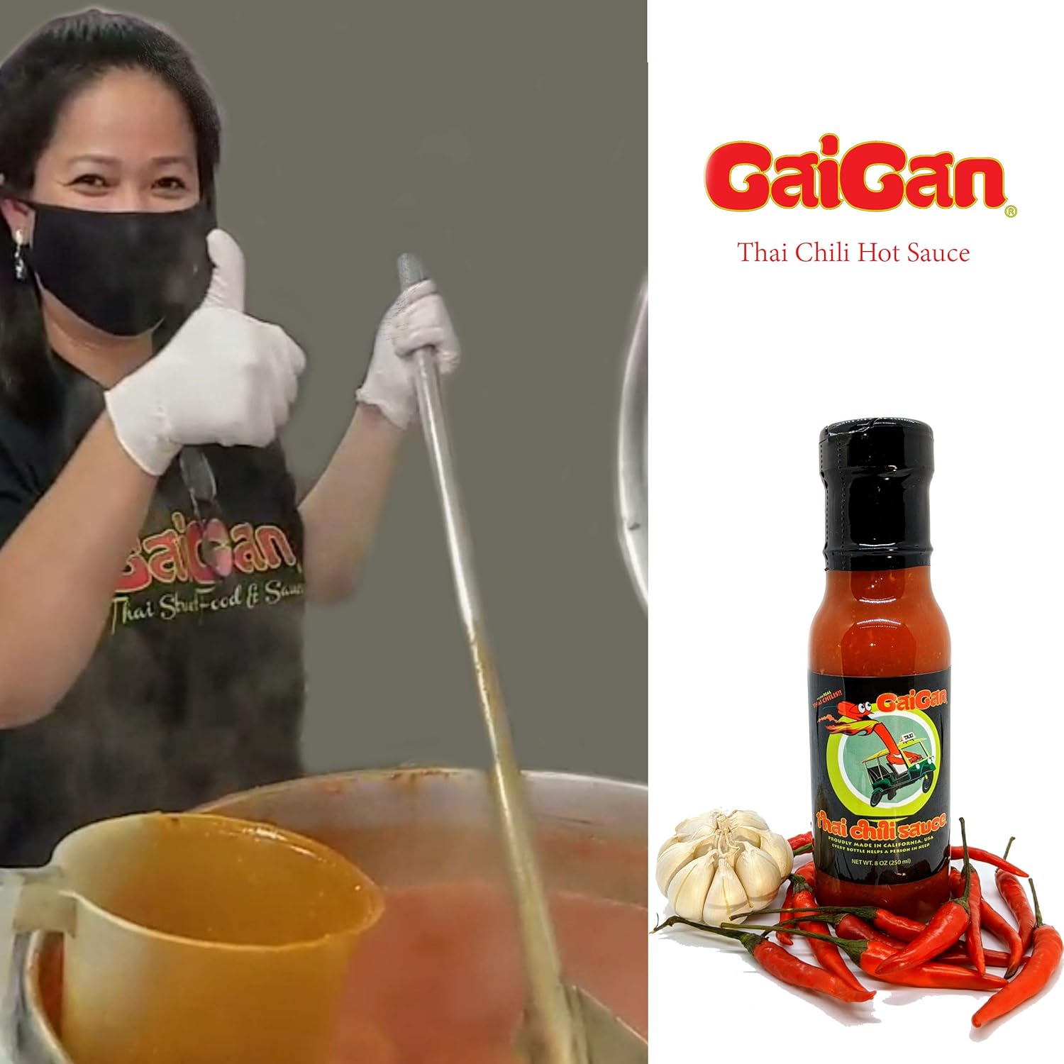 GaiGan – Salsa picante de chile tailandés  Salsa de ajo y chile tailandés en lotes pequeños  Cero calorías  Todo natural, sin conservantes  Vegano