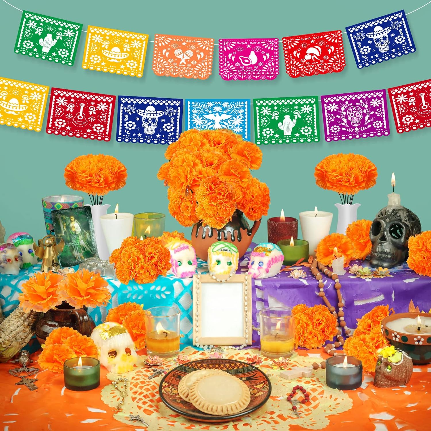 118 decoraciones de fiesta mexicana incluyen flores de caléndula Día de los Muertos, cartel para el Día de los Muertos, Cinco de Mayo, fiesta