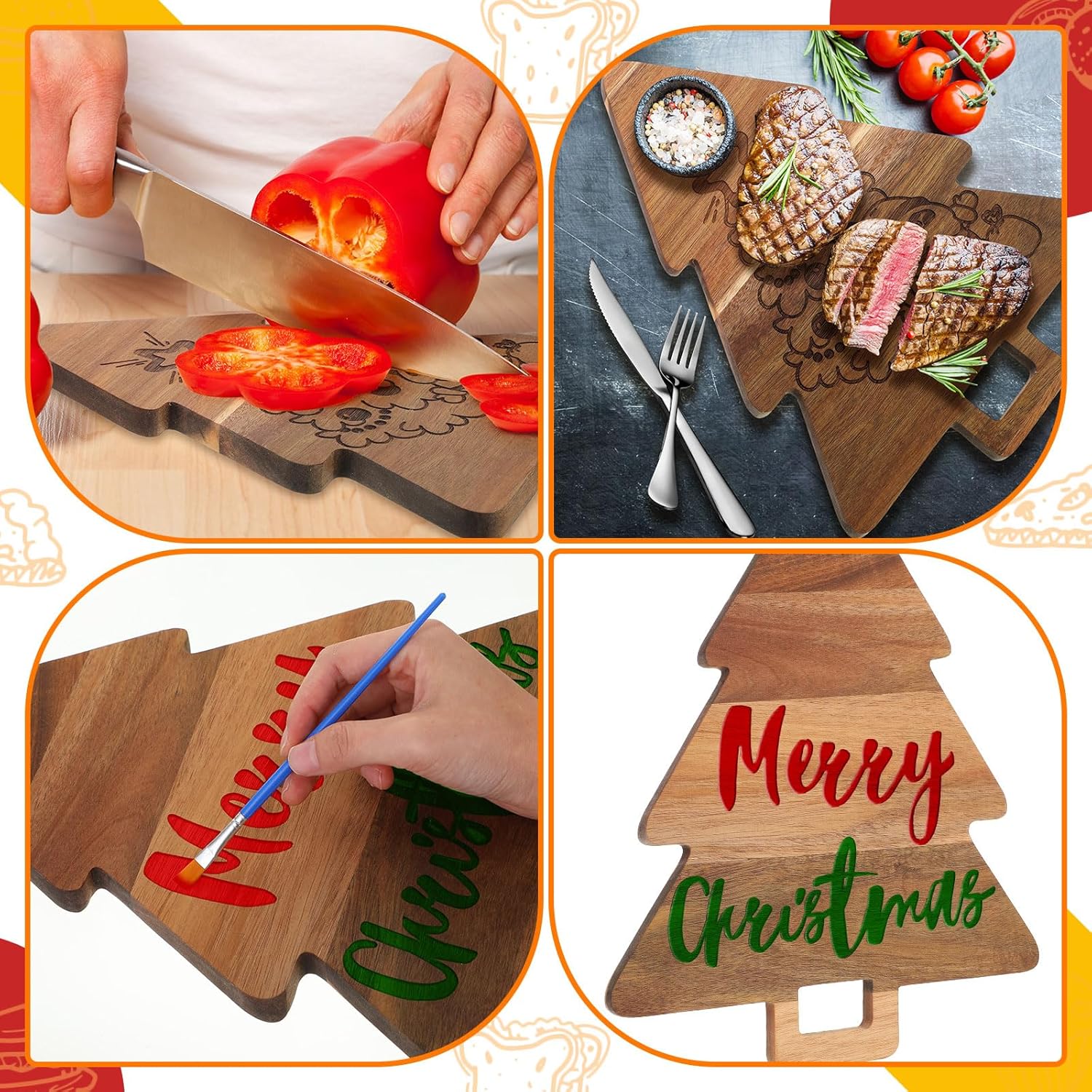 2 tablas de charcutería de Navidad para árbol de Navidad, cocina, tabla de cortar de madera con mango de madera de acacia de Papá Noel, bonita tabla