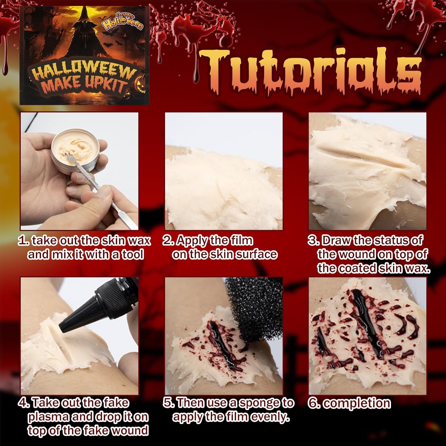 SFX – Kit de maquillaje para Halloween, suministros de maquillaje de efectos especiales  11 piezas con cera de cicatrices, sangre coagulada,