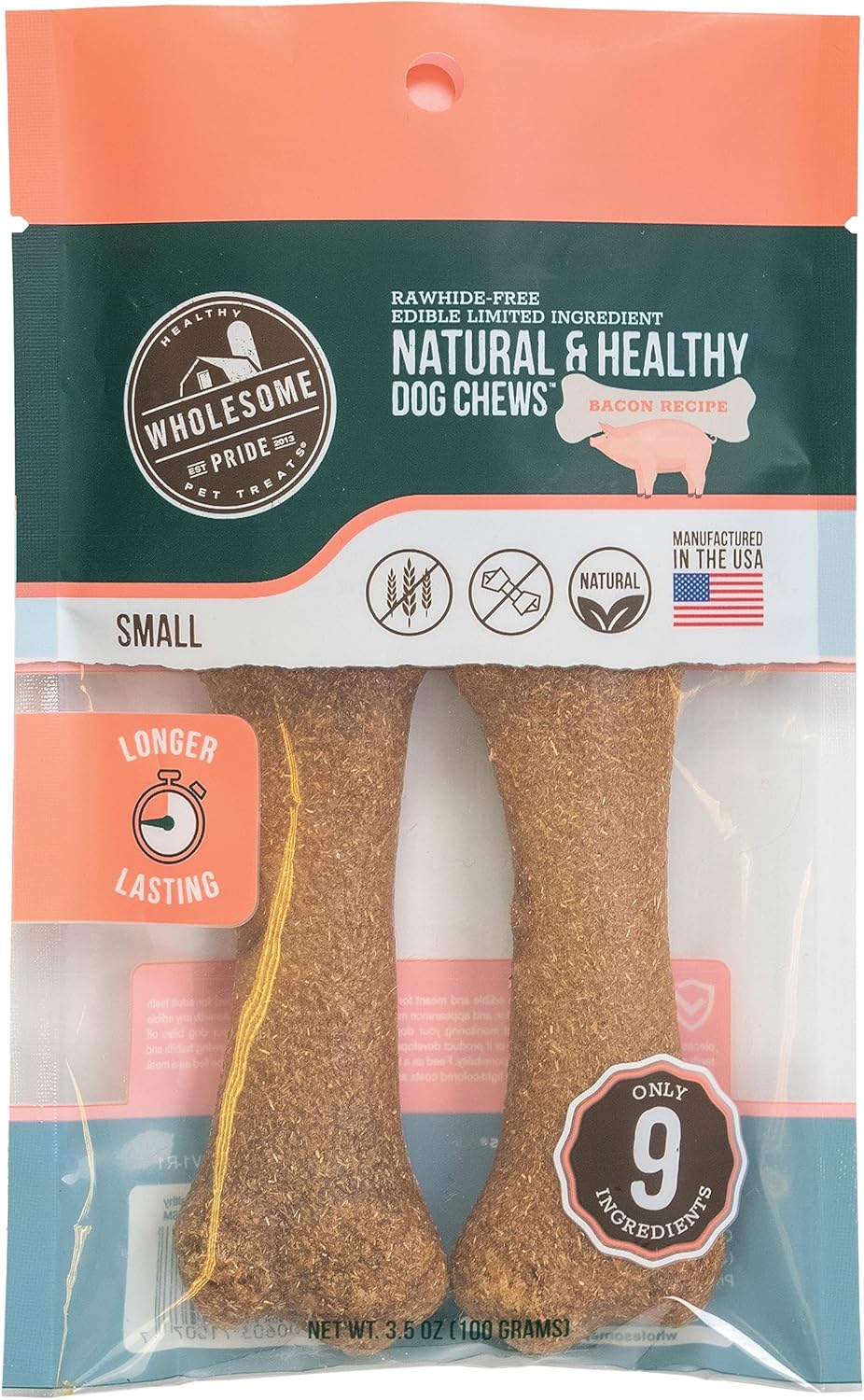 Wholesome Pride Masticables naturales y saludables para perros, paquete de 2 unidades, para perros pequeños, sabor a tocino