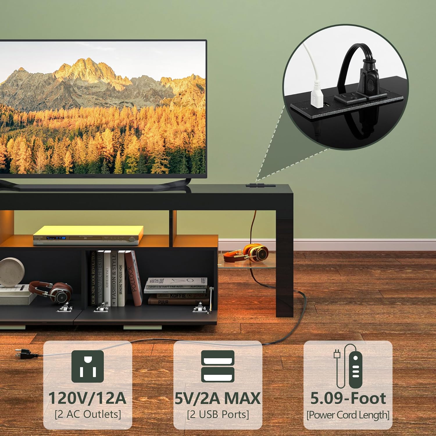 Clikuutory Moderno soporte de TV LED negro de 67 pulgadas con toma de corriente y gran almacenamiento para televisores de 40, 50, 55, 60, 65, 70, 75