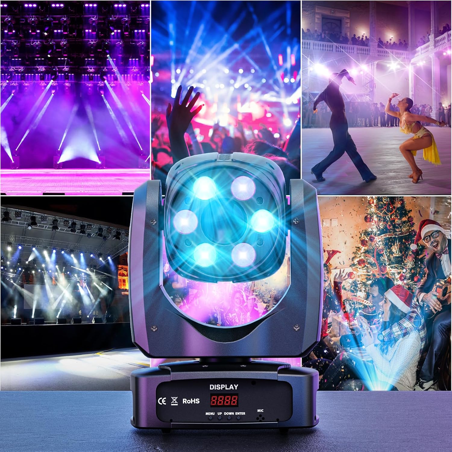 HOLDLAMP Luces de DJ de cabeza móvil, luz LED de cabeza móvil de 100 W con función de enfoque, 6 gobos giratorios (prisma de 3 facetas) e