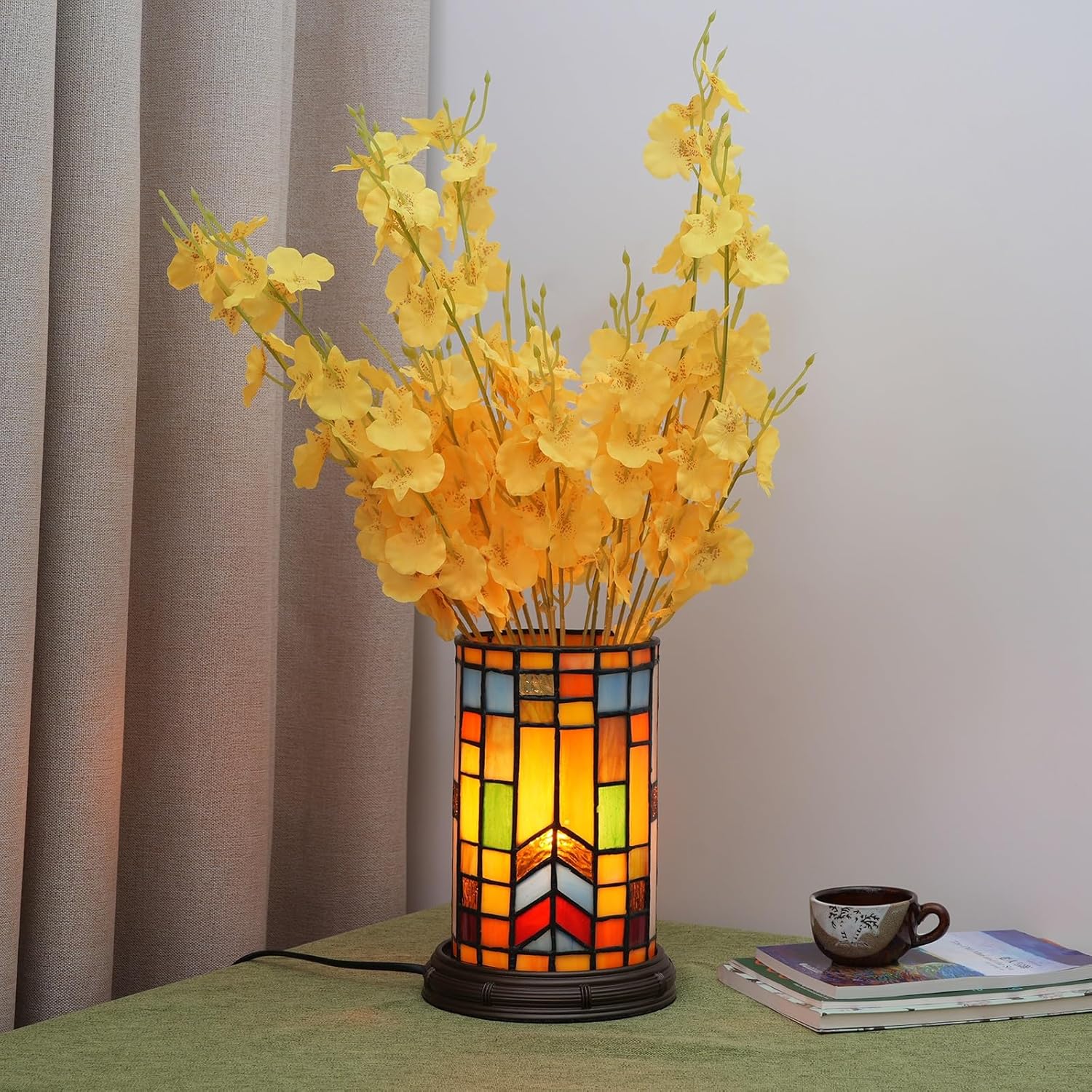 Lámpara de mesa estilo Tiffany con vitrales bohemios, bloque para sala de estar, dormitorio, mesita de noche, florero, decoración pequeña, luz de