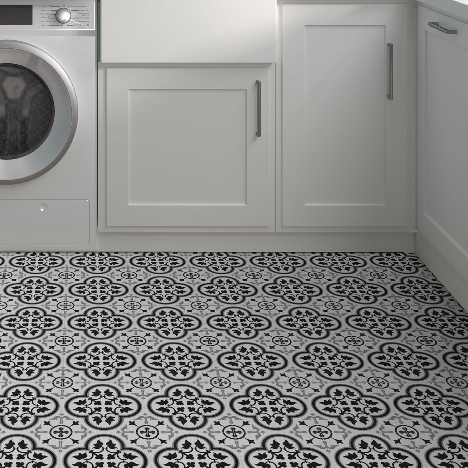 Azulejo de suelo y pared para baño y cocina. Azulejo autoadhesivo de vinilo SPC. Azulejo de salpicaduras de lechada con estampado encáustico blanco
