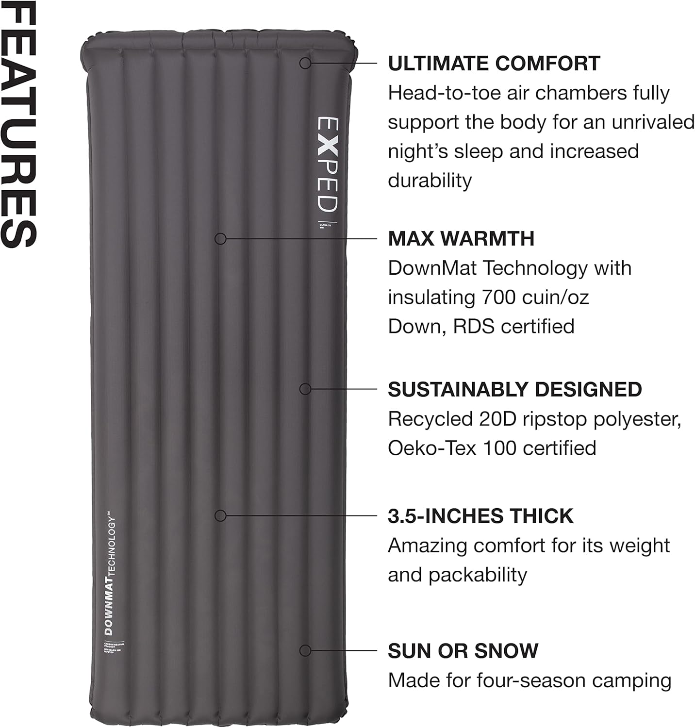 Exped Ultra 7R – Alfombrilla ligera para mochilero, plegable y cómoda, almohadilla para dormir de -20 grados para 4 estaciones, carbón, mediano ancho