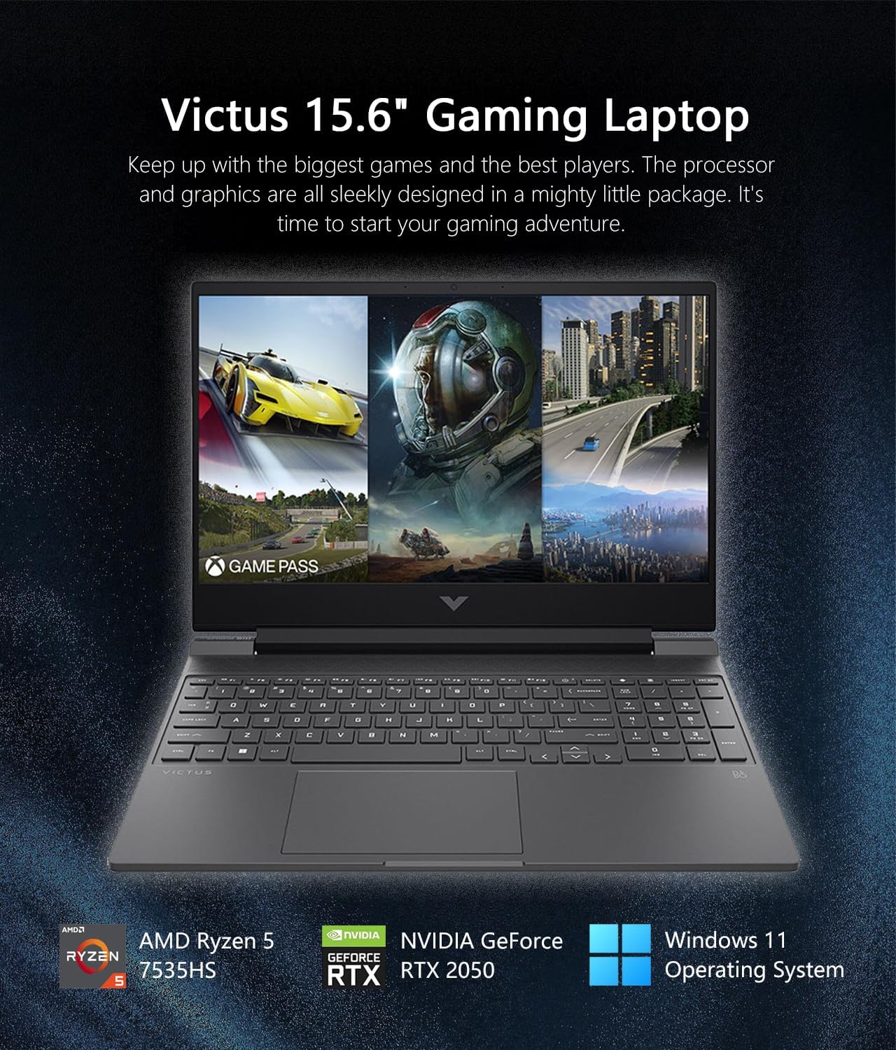 HP Victus – Laptop para juegos de 15.6 pulgadas, NVIDIA GeForce RTX 2050, AMD Ryzen 5 7535HS, 6 núcleos, 4.55 GHz, 16 GB de RAM, SSD de 512 GB,