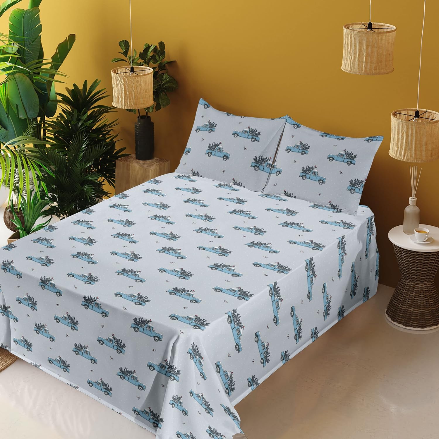 Ambesonne Juego de sábanas de invierno, diseño vintage de camión y árbol de Navidad, diseño nevado y pájaros, sábana bajera y sábana encimera con