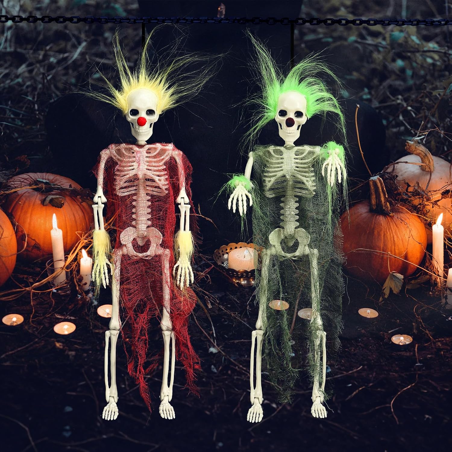 Esqueleto de Halloween con forma de calabaza de payaso de cuerpo completo, decoración de esqueleto con articulaciones móviles, espeluznante