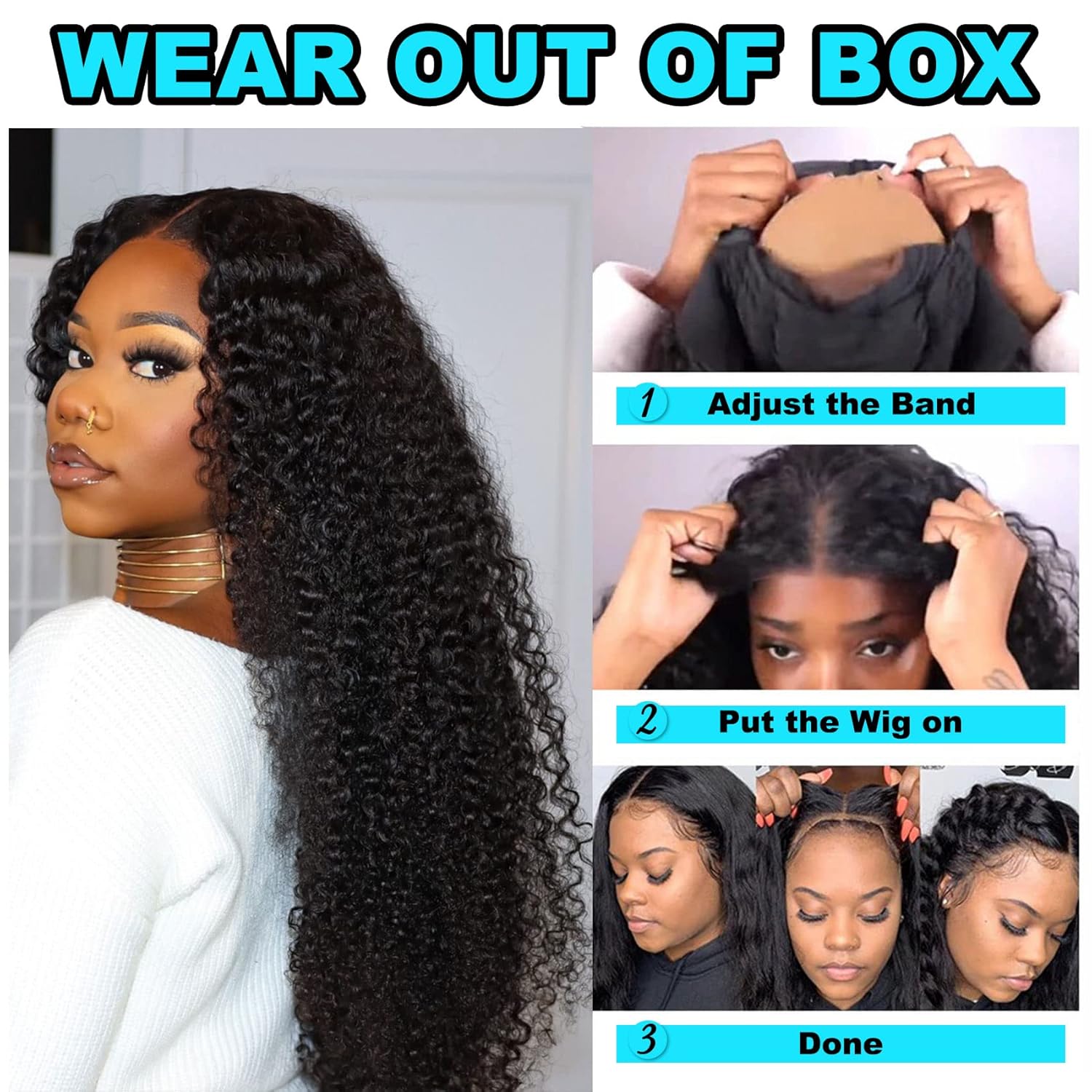 BLY Pelucas de cabello humano rizado, sin pegamento, precortadas con encaje frontal, precortadas, listas para usar, para mujeres, afro, rizado,