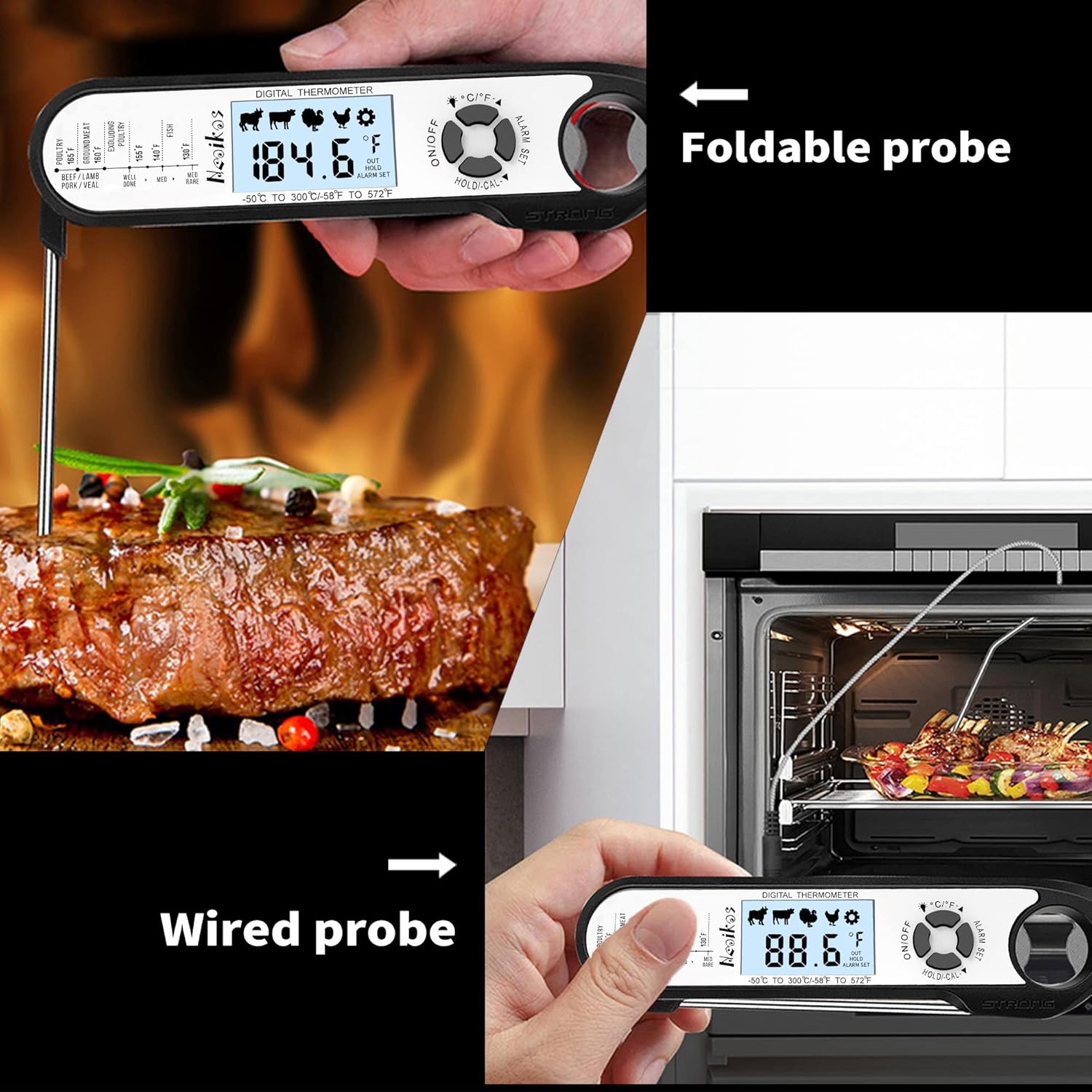 Termómetro digital para alimentos para carne, termómetro de cocina de lectura instantánea 23S, luz de fondo, imán integrado, calibración, sonda