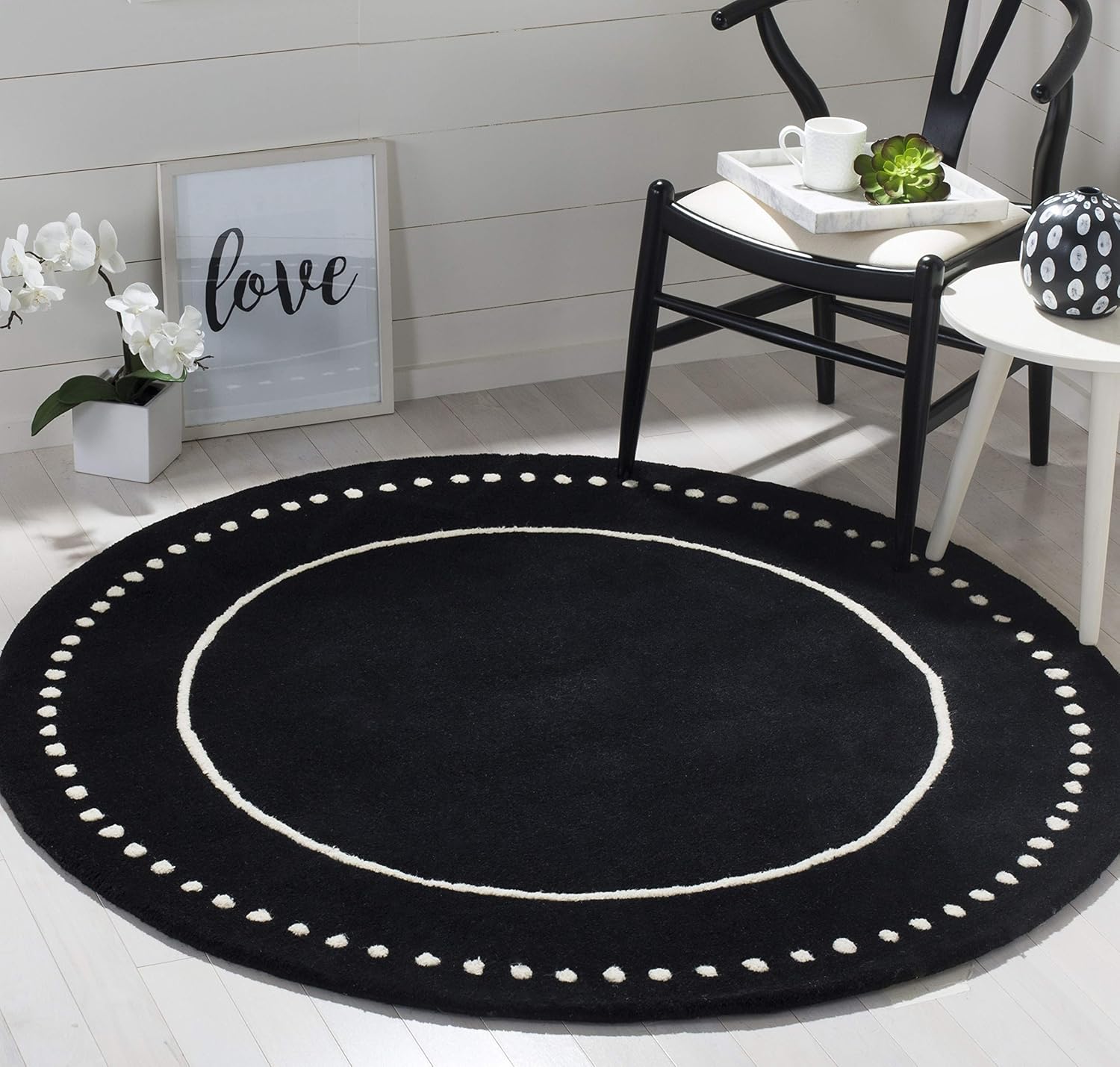 SAFAVIEH Bella Collection BEL151E – Alfombra redonda de lana de 7 pies, color negromarfil, hecha a mano con borde punteado