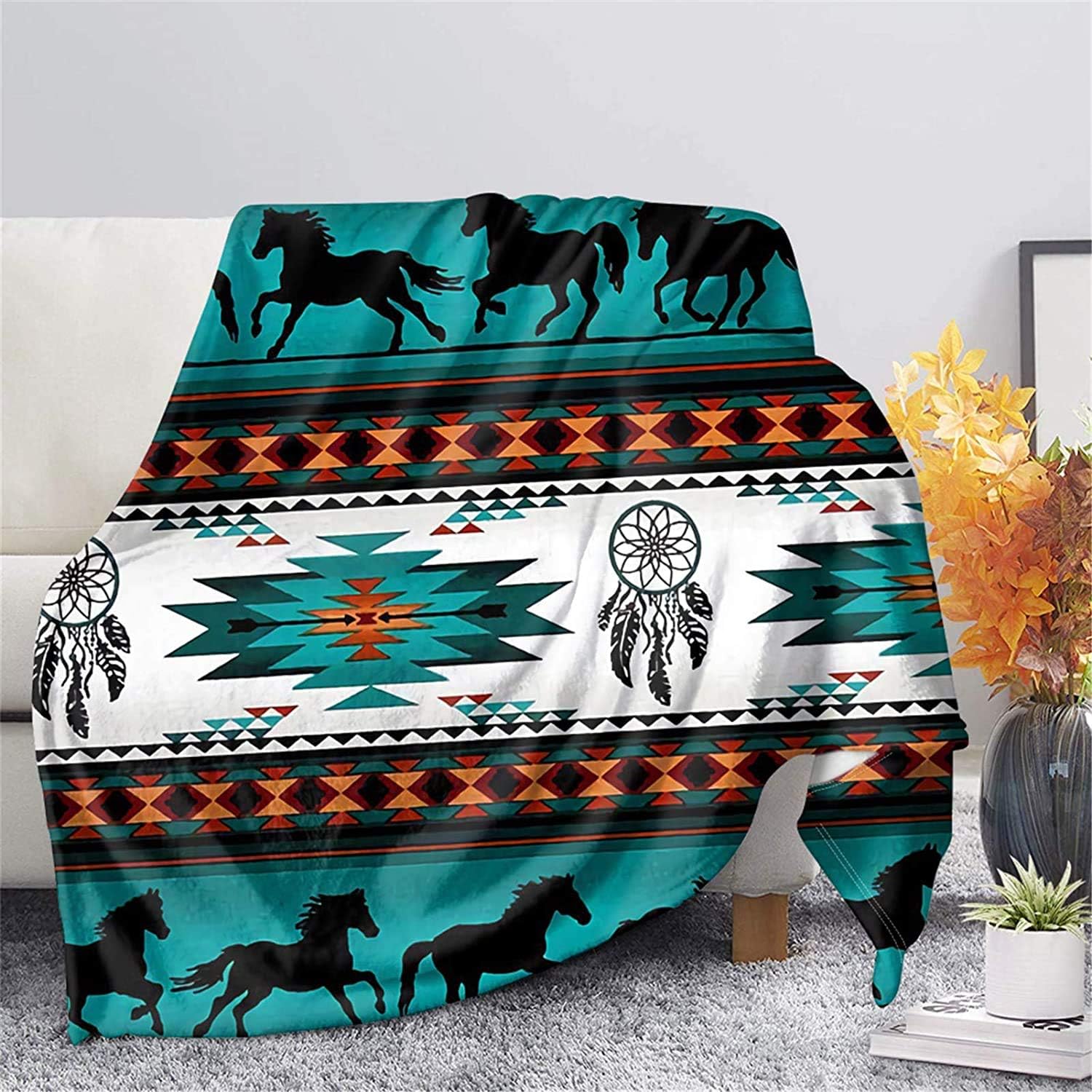 Manta con estampado de caballo azteca del suroeste, manta cálida y ligera de franela mullida para dormitorio, sala de estar