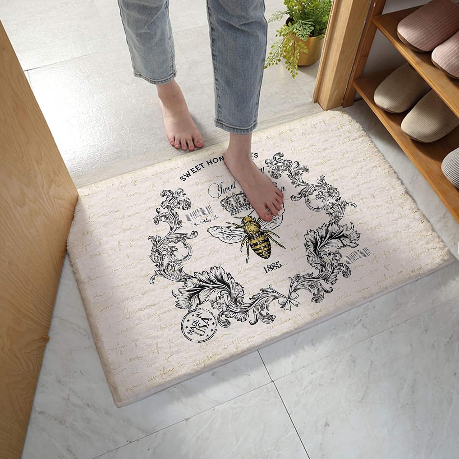 Alfombra de baño con estampado floral vintage de abeja dulce miel, absorbente, antideslizante, de microfibra suave, peluda, para ducha, 16 x 24