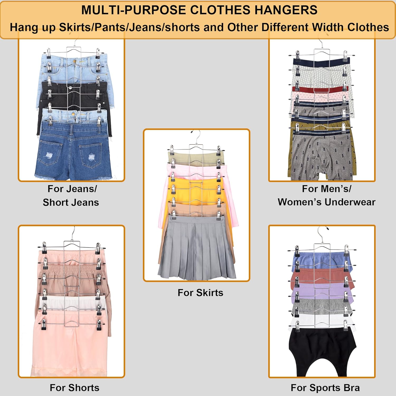 Paquete de 3 perchas para pantalones que ahorran espacio, organizadores de armario de 6 niveles y perchas de almacenamiento para faldas con clips