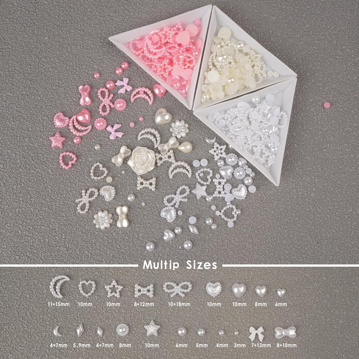 900 dijes de uñas 3D de múltiples formas blancas y perlas de parte trasera plana, perlas huecas, estrellas, arco, corazón, estrella, luna, dijes de